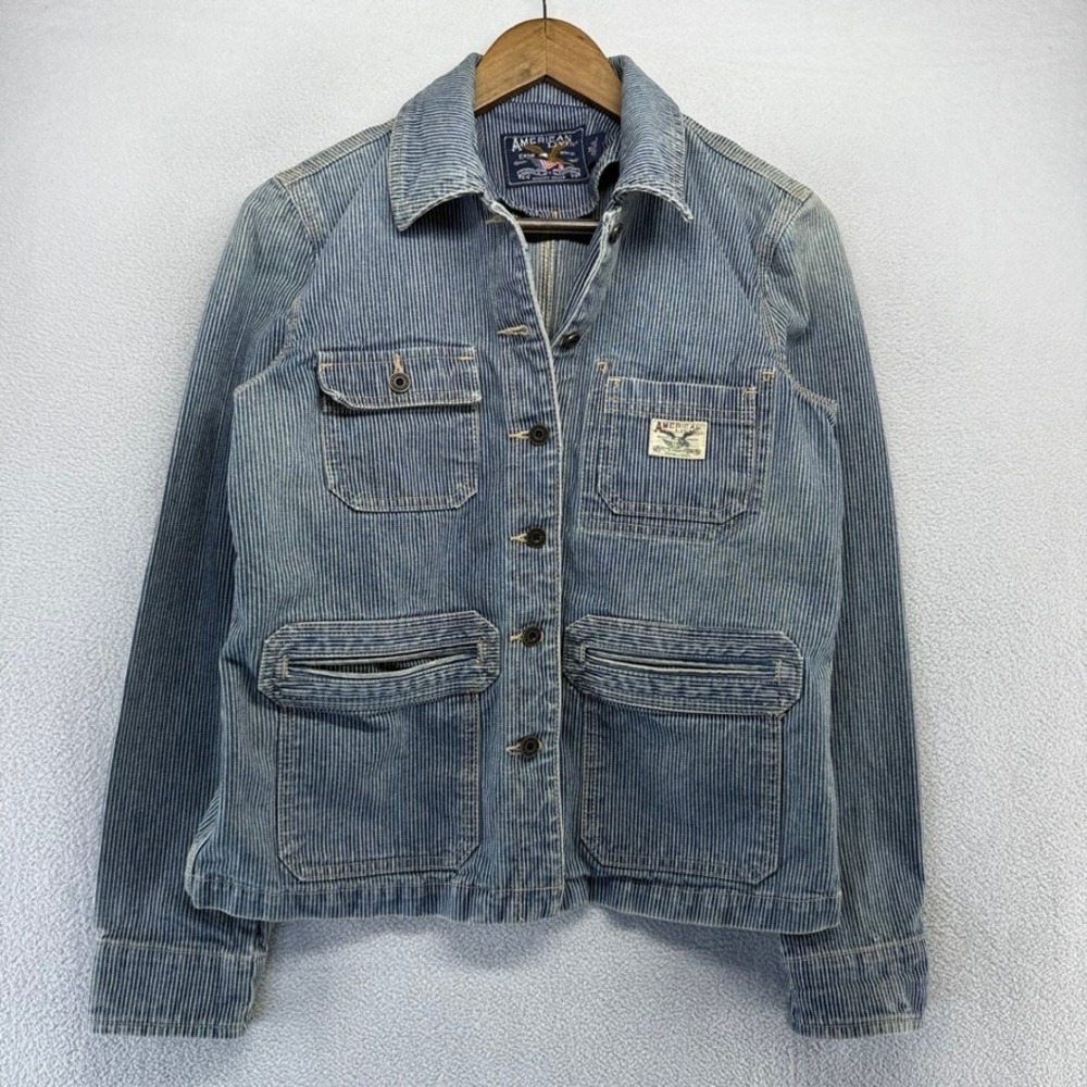 American Living Chore Jacket Womens Medium Blue Hickory Stripe Denim Button y2k